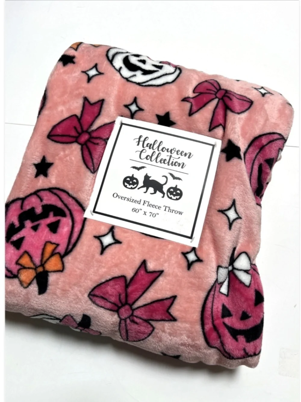 Pink Halloween Plush Throw Blanket Pumpkins Bows Fleece 60x70 Soft Cozy